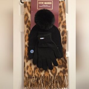 Steve Madden Black Hat and Gloves with Animal Print Scarf